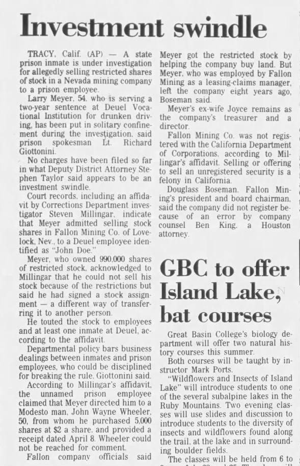 Fallon Mining Swindle July 11 1996 Elko Nevada press